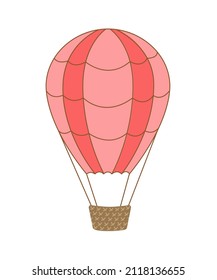 Hot air ballon. Pink cute aerostat with wicker basket. Flat, cartoon. Isolated vector stock illustration eps 10 on white background