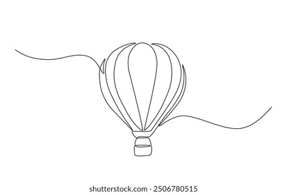 Heißluftballon in einfacher Umrissdarstellung. Kontinuierliche Linienzeichnung des Luftballons. Reise- und Abenteuerkonzept.