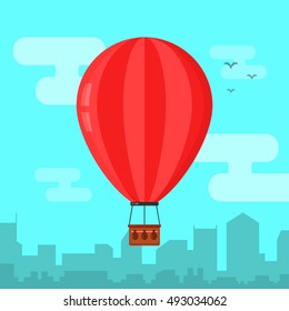 Hot air ballon in the sky and city landscape. Flat design vector illustration