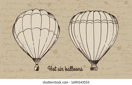 Hot air ballons hand drawn vector illustration, isolated on beige background with handwritten ink text