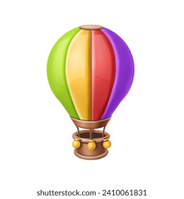 Hot air balloon 3d basket travel illustration on white background. Realistic aerostat colorful icon. Cartoon Aeronautics illustration vector