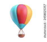 Hot air balloon 3d vector illustration. Colorful sky travel vehicle with basket and striped flying inflatable parachute. Red yellow blue airship ballon. Cartoon aerostat for ballooning festival