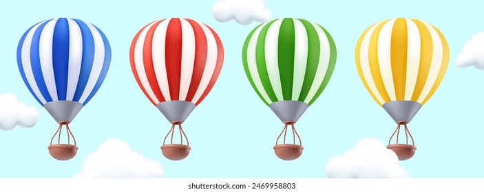 Globo de aire caliente 3d Ilustración vectorial. Vehículo de viaje del cielo colorido con la cesta y el paracaídas inflable volador a rayas. Globo de dirigible rojo amarillo azul. Aerostato de dibujos animados para el festival de globos