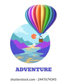 Hot air balloon. Adventure travel. Nature landscape. Wild rocky valley. Mountain peaks scenery. River lake. Aerial transportation. Ballooning flight. Summer tourism. Journey vector banner