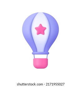 Hot air balloon aerostat with star. Aircraft, summer vacation, adventure, travelling, tourism concept. 3d vector icon. Cartoon minimal style.