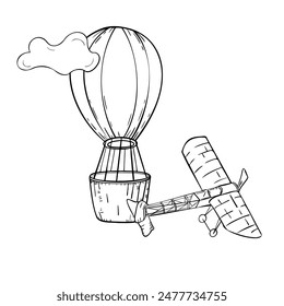 Hot air balloon and airplane of black and white contour vector illustration isolated. Plane silhouette with big balloon in the sky. Retro transport simple coloring. Air transport graphic drawn