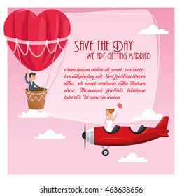 hot air balloon airplane couple cartoon girl boy man woman save the date wedding icon. Colorfull and flat illustration. Vector graphic