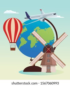 hot air balloon and airplane with globe and windmill over sky background, colorful design , vector illustration