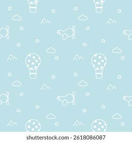 Hot air balloon and airplane line cartoon so cute. On star cloud mountain light blue background. Pattern seamless vector illustration. 