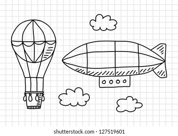 Hot air balloon and airship on squared paper