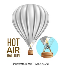 Hot Air Balloon Airship Traveling Transport Vector. Blank Air Balloon With Basket And Burning Heating Gas Equipment. Flying Transportation Colorful Template Realistic 3d Illustration