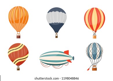 Hot air balloon and airship vector icons set. Summer ballooning adventure cartoon hotair travel.