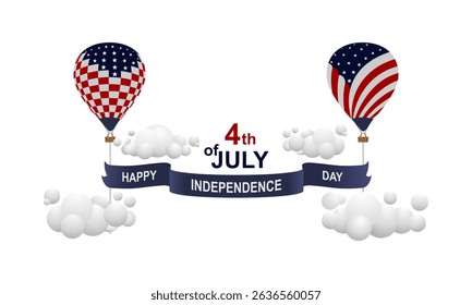 hot air balloon with american flag carrying a banner with the words happy independence day written on it, 4th of july independence day concept, vector illustration isolated on white background.