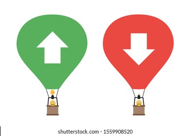 Hot air balloon is ascending and descending in the air during flight. Vector illustration isolated on white.