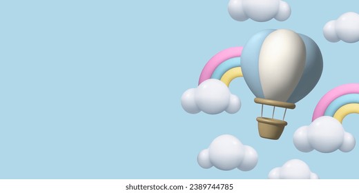 Fondo de globo aerostático con arcos y nubes 3d. Ilustración vectorial de color pastel para bebés. Aventura, concepto de viaje. Elementos de diseño tridimensional realista de arcilla.