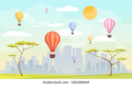 A hot air balloon background with space for text. or camping and hiking, Extreme sports, rafting and hot air balloons outdoor adventure, with recreation place, tents and fire. 