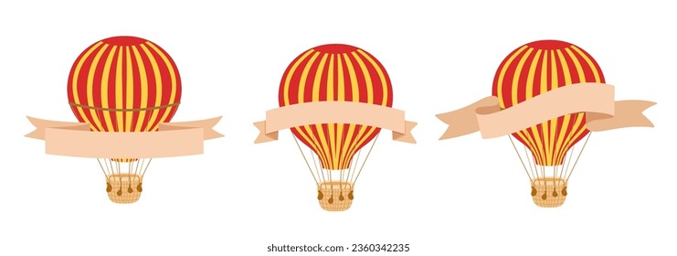 Hot air balloon with banner or ribbon. Vector retro illustration isolated on white.