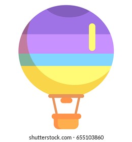 Hot air balloon with basket and color stripes isolated on white background. Vector illustration of transportation mean by air
