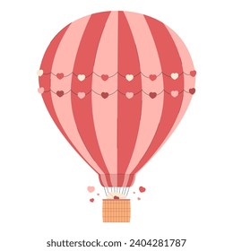 Hot air balloon with basket and envelope for Valentine’s Day. Pink-red hearts, envelope, balloon air balloon for festive decoration. Flat vector illustration. Flat vector illustration.