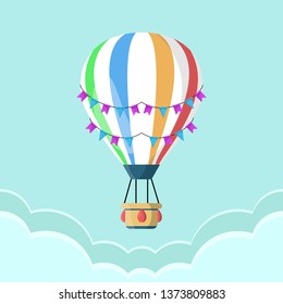 Hot air balloon with basket, festive flags isolated on background. Travel, adventure, flight in sky concept. Vector flat design