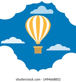 Hot air balloon with basket is flying. Balloon dome with white and yellow stripes. Blue sky with clouds. Symbol of peace, fate, good luck, joyful future. Flat cartoon design. Vector illustration.