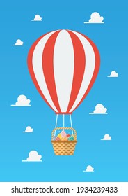 Hot air Balloon with basket full of easter eggs. vector illustration.