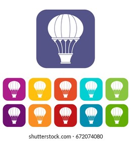 Hot air balloon with basket icons set vector illustration in flat style In colors red, blue, green and other