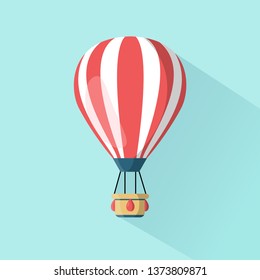 Hot air balloon with basket isolated on background. Travel, adventure, flight in sky concept. Vector flat design