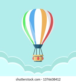 Hot air balloon with basket isolated on background. Travel, adventure, flight in sky concept. Vector flat design