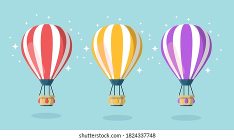 Hot air balloon with basket isolated on background. Travel, adventure, flight in sky concept. Vector flat design