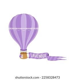 Canasta de globo aerostático con banner de lavanda, transporte retro de Francia. Vector colorido de globo de verano símbolo de aventuras, aventura y viaje