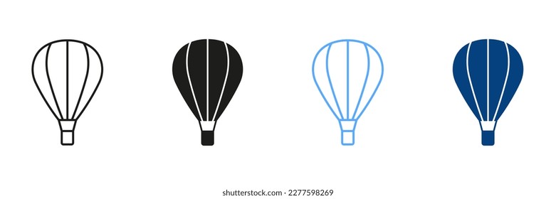 Hot Air Balloon with Basket Line and Silhouette Color Icon Set. Fly Hotair Ballon for Sky Journey Outline and Solid Symbol Collection. Flight Baloon for Travel Pictogram. Isolated Vector Illustration.