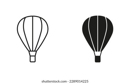 Hot Air Balloon with Basket Line and Silhouette Black Icon Set. Flight Baloon for Travel Pictogram. Fly Hotair Ballon for Sky Journey Outline and Solid Symbol Collection. Isolated Vector Illustration.