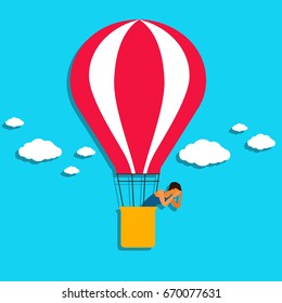 Hot Air Balloon With Basket, Man Look Down. Flying Above The Clouds Concept. Vector Illustration In Flat Design.