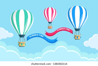 Hot air balloon with basket, ribbon isolated on background. Travel, adventure, flight in sky concept. Vector flat design