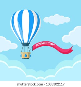 Hot air balloon with basket, ribbon isolated on background. Travel, adventure, flight in sky concept. Vector flat design