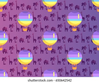 Hot air balloon with basket seamless pattern isolated on purple background with african plants and animals. Vector illustration of transportation means by air