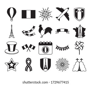 hot air balloon and bastille day icon set over white background, line style, vector illustration