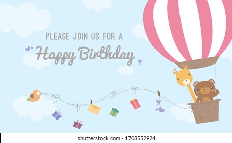 hot air balloon birthday card template vector/illustration,Birthday greeting cards with cute animals. Funny animals on hot air balloon,Vector illustration.