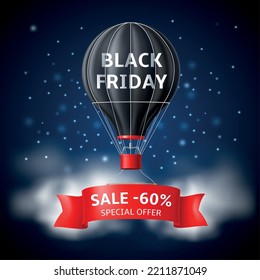 Hot air balloon black friday. Black retro airship with advertising sale and discount text, red tape banner, night sky, luxury product flying in night, promotional poster utter vector concept