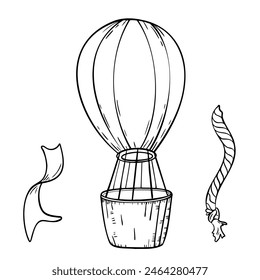 Hot air balloon black and white vector illustration isolated. Balloon silhouette with basket and a ribbon. Retro airship simple coloring. Black contour vintage air transport and rope hand drawn