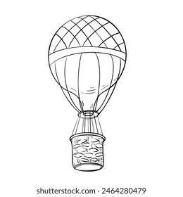 Hot air balloon black and white contour vector illustration isolated. Balloon silhouette with basket hand drawn ink. Simple cartoon airship coloring. Vintage air transport in line silhouette