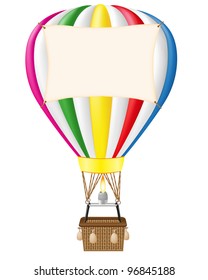 hot air balloon and blank banner vector illustration isolated on white background