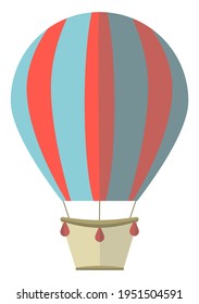 Hot air balloon with blue and red stripes. Flat vector illustration, simple cartoon design