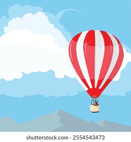 Hot air balloon in the blue sky with clouds mountain landscape. Travel concept