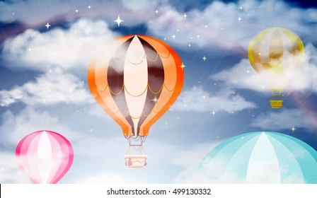 hot air balloon in the blue sky with stars and clouds, vector illustration for children background, flat greeting card, wrapping, poster print, ...