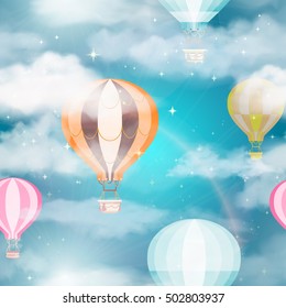 Hot air balloon in the blue sky with stars and clouds, vector illustration for children background, flat greeting card, wrapping, poster print, ...