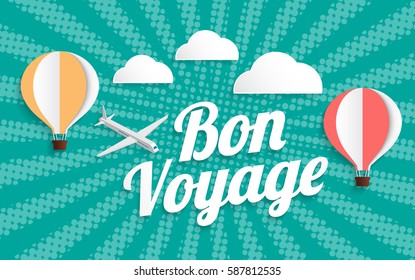 hot air balloon bon voyage on halftone background, vector illustration EPS10