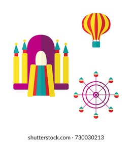 Hot air balloon, bouncy castle and Ferris wheel in amusement park, flat icon set, vector illustration isolated on white background. Flat balloon, inflatable bouncy castle and Ferris wheel icon set