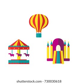 Hot air balloon, bouncy castle and horse carousel in amusement park, flat icon set, vector illustration isolated on white background. Flat balloon, bouncy castle and merry-go-round icon set